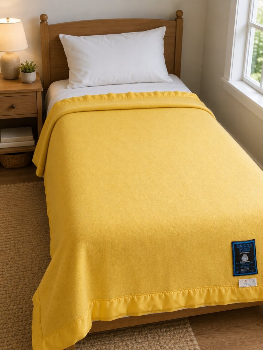 GRAND PRIX Vintage 100% Wool Blanket Satin Trim Cottage Bedspread Gold 67" x 86"
